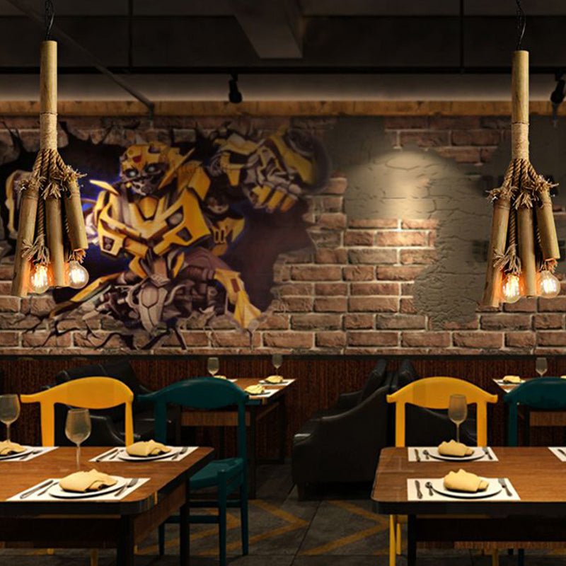 Lustre suspendu en bambou à 3 têtes avec design en corde tubulaire pour restaurants et entrepôts - Marron avec luminaire à ampoule ouverte