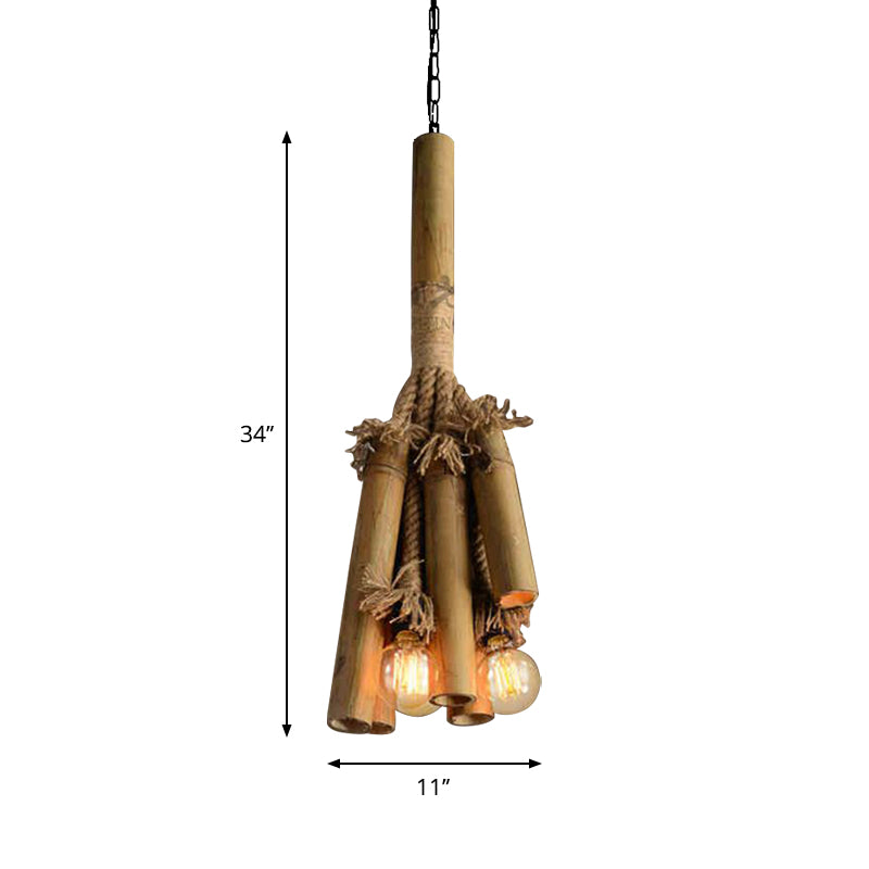 Lustre suspendu en bambou à 3 têtes avec design en corde tubulaire pour restaurants et entrepôts - Marron avec luminaire à ampoule ouverte
