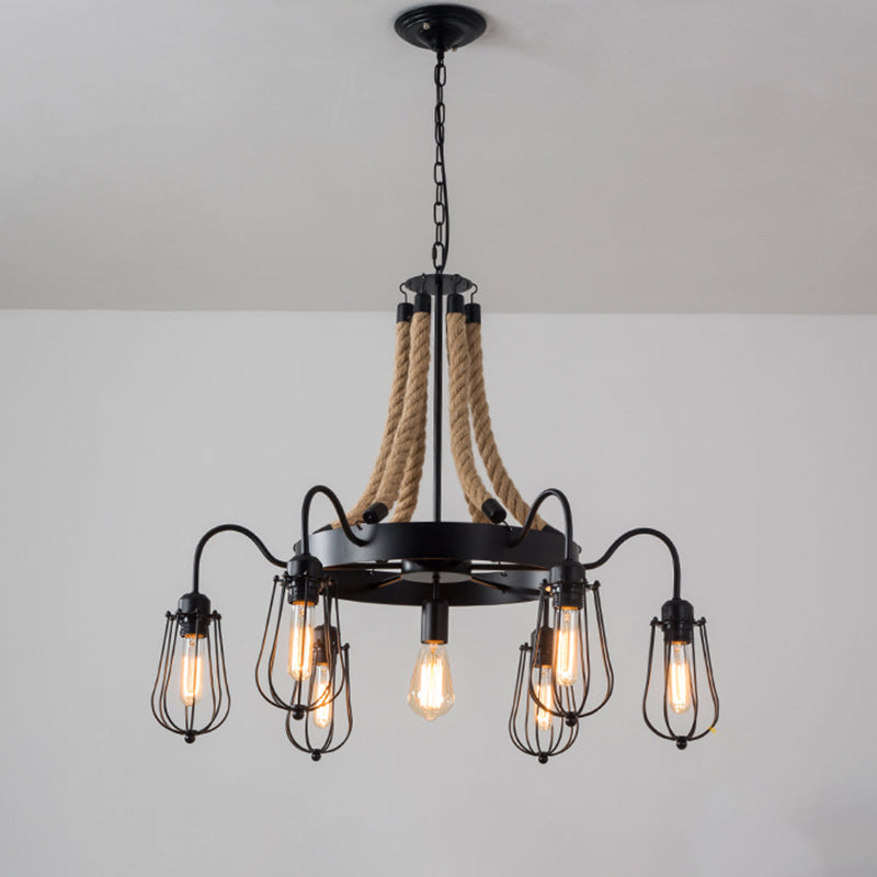 Lustre en corde de style ferme avec cage à ampoule - Luminaire suspendu métallique noir (9/13 lumières)