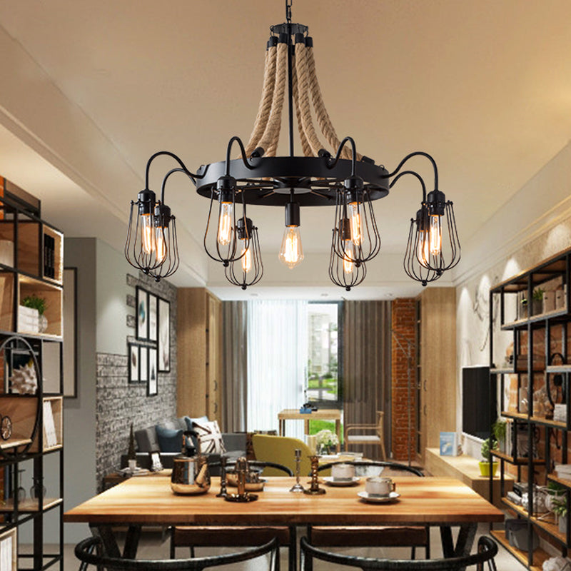 Lustre en corde de style ferme avec cage à ampoule - Luminaire suspendu métallique noir (9/13 lumières)