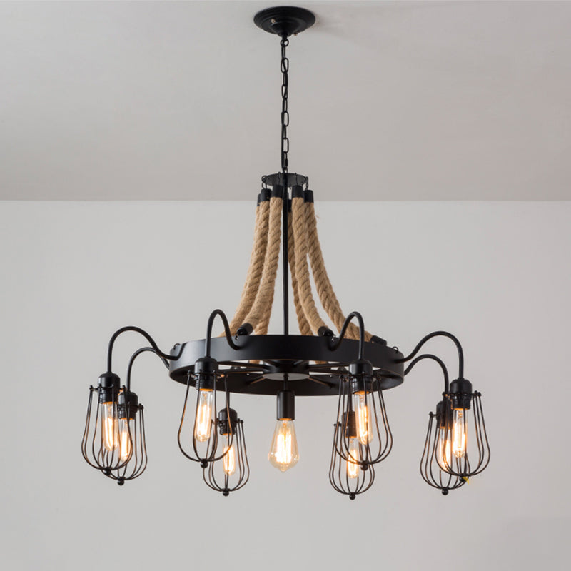 Lustre en corde de style ferme avec cage à ampoule - Luminaire suspendu métallique noir (9/13 lumières)