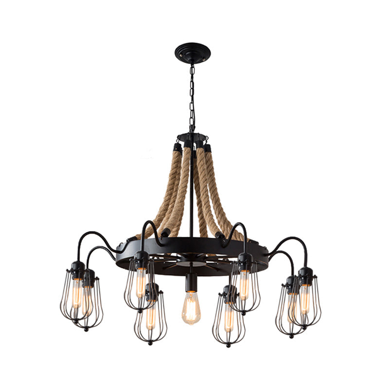 Lustre en corde de style ferme avec cage à ampoule - Luminaire suspendu métallique noir (9/13 lumières)
