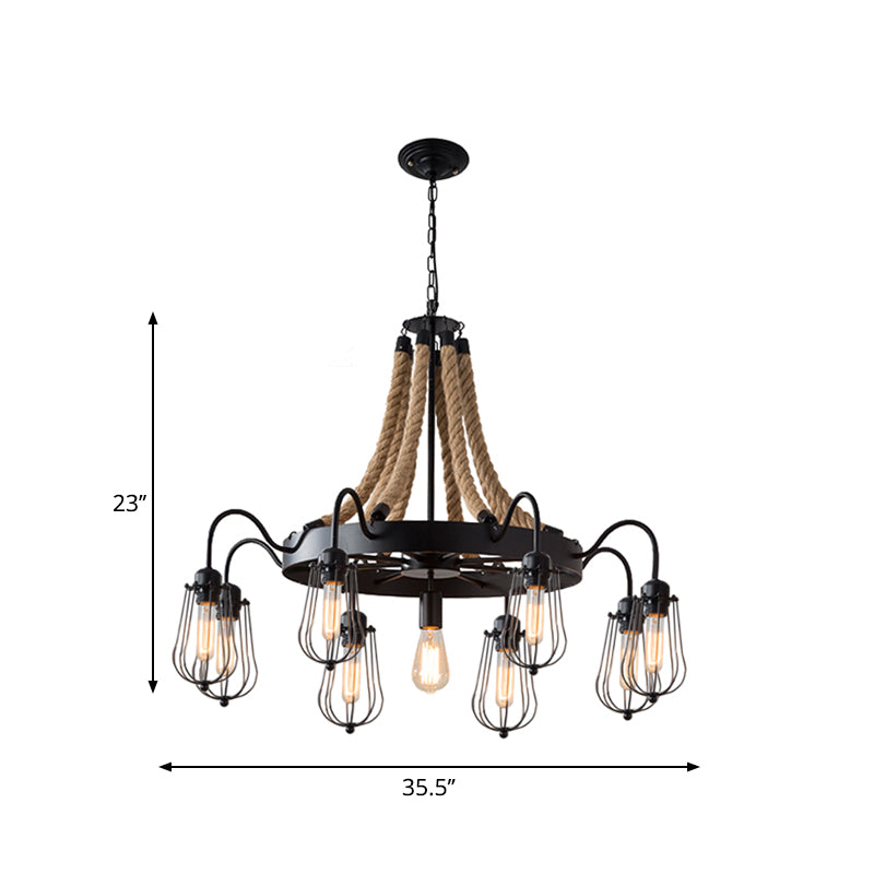 Lustre en corde de style ferme avec cage à ampoule - Luminaire suspendu métallique noir (9/13 lumières)