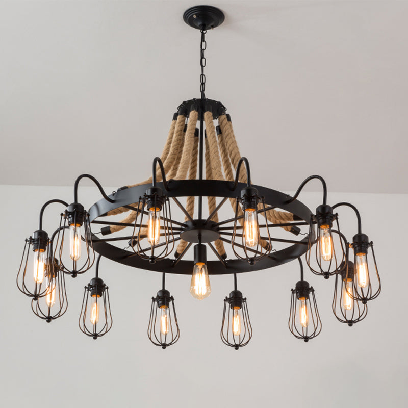 Lustre en corde de style ferme avec cage à ampoule - Luminaire suspendu métallique noir (9/13 lumières)