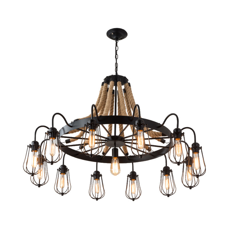 Lustre en corde de style ferme avec cage à ampoule - Luminaire suspendu métallique noir (9/13 lumières)