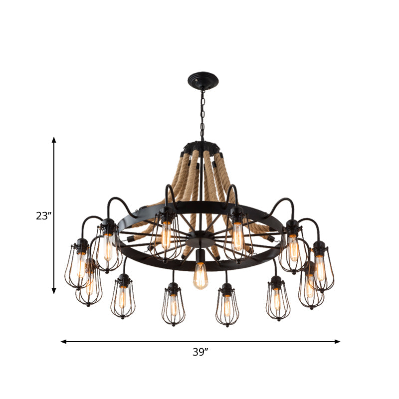 Lustre en corde de style ferme avec cage à ampoule - Luminaire suspendu métallique noir (9/13 lumières)