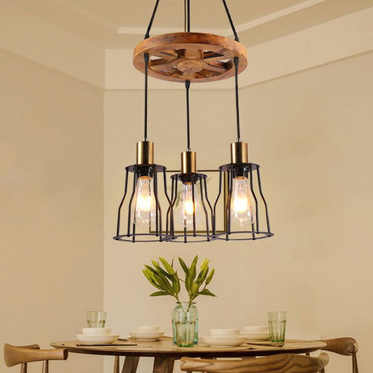 Gold Open Cage Chandelier with Wood Shelf - 3/6-Light Metal Pendant for Dining Room