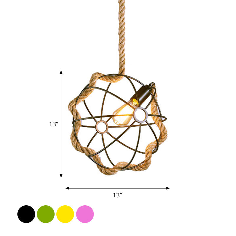 Lampe suspendue industrielle en métal avec cage à globe, 1 ampoule, noir/rose/vert, éclairage vers le bas pour restaurant, cordon en corde