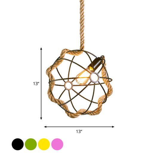 Industrial Black/Pink/Green Pendant Lamp - 1-Light Metal Globe Cage With Rope Cord For Restaurant