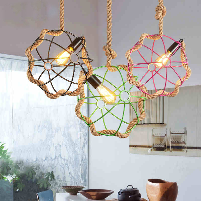 Lampe suspendue industrielle en métal avec cage à globe, 1 ampoule, noir/rose/vert, éclairage vers le bas pour restaurant, cordon en corde