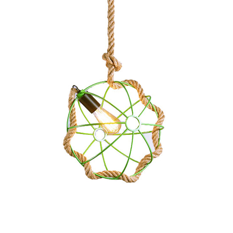 Lampe suspendue industrielle en métal avec cage à globe, 1 ampoule, noir/rose/vert, éclairage vers le bas pour restaurant, cordon en corde