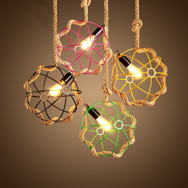 Lampe suspendue industrielle en métal avec cage à globe, 1 ampoule, noir/rose/vert, éclairage vers le bas pour restaurant, cordon en corde
