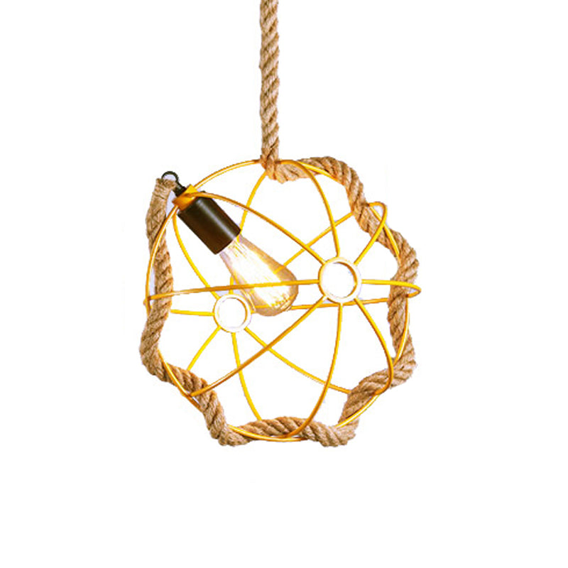 Lampe suspendue industrielle en métal avec cage à globe, 1 ampoule, noir/rose/vert, éclairage vers le bas pour restaurant, cordon en corde
