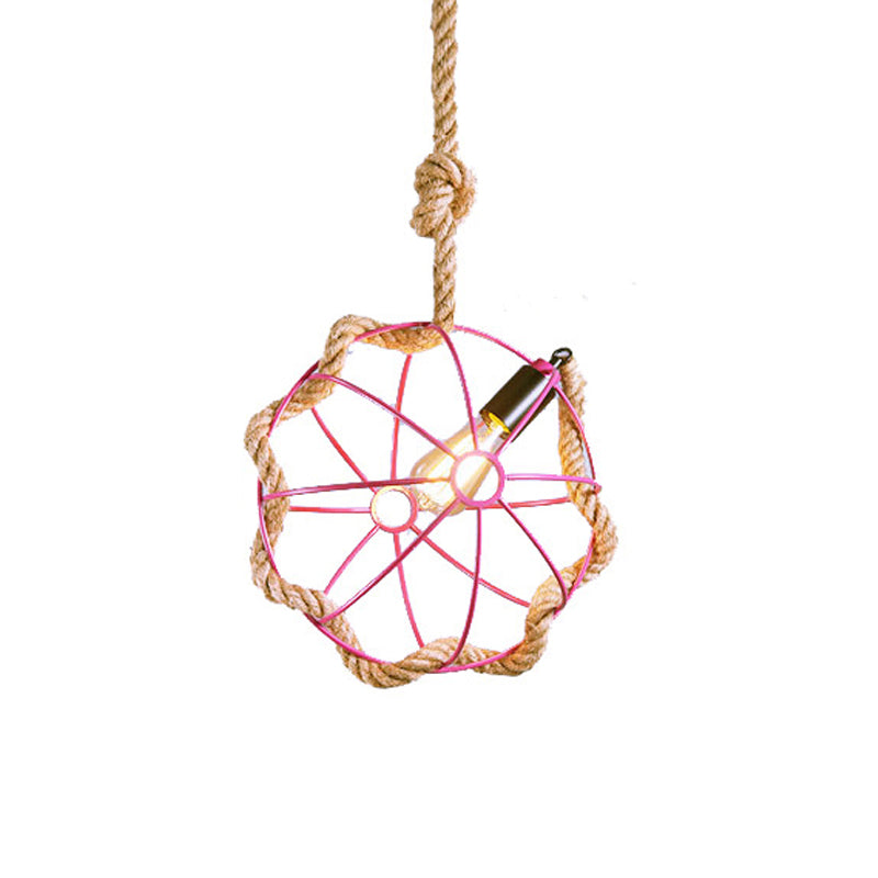 Lampe suspendue industrielle en métal avec cage à globe, 1 ampoule, noir/rose/vert, éclairage vers le bas pour restaurant, cordon en corde