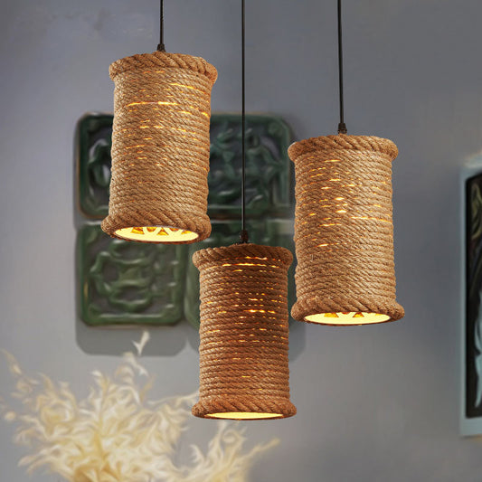 Suspension cylindrique rustique de style ferme avec détails en corde - Éclairage suspendu en métal pour salle à manger
