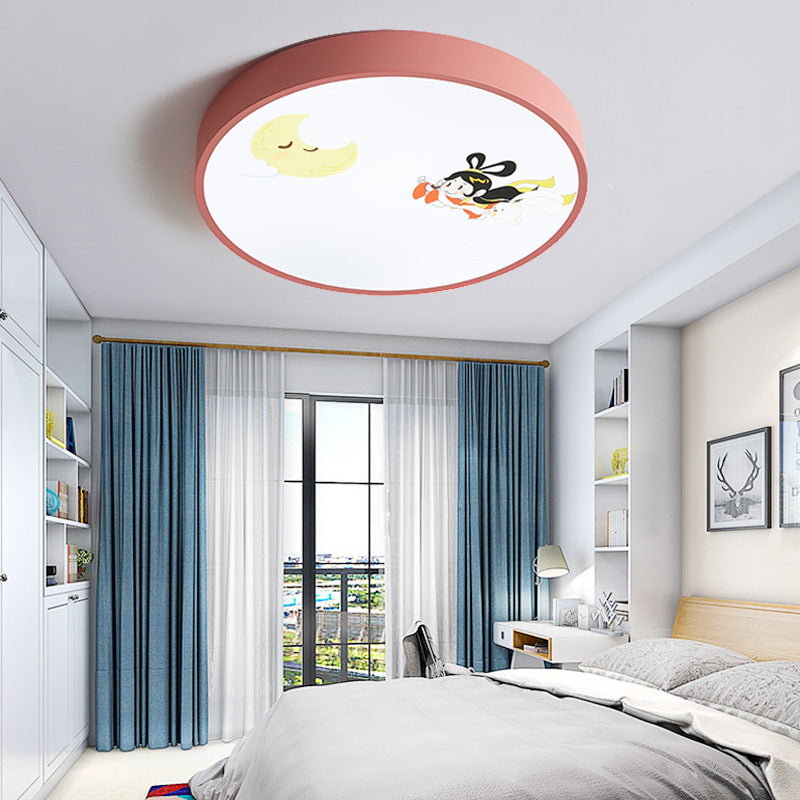 Pink Acrylic Flush Ceiling Light With Crescent & Fairy Baby Room Creative Lamp / White