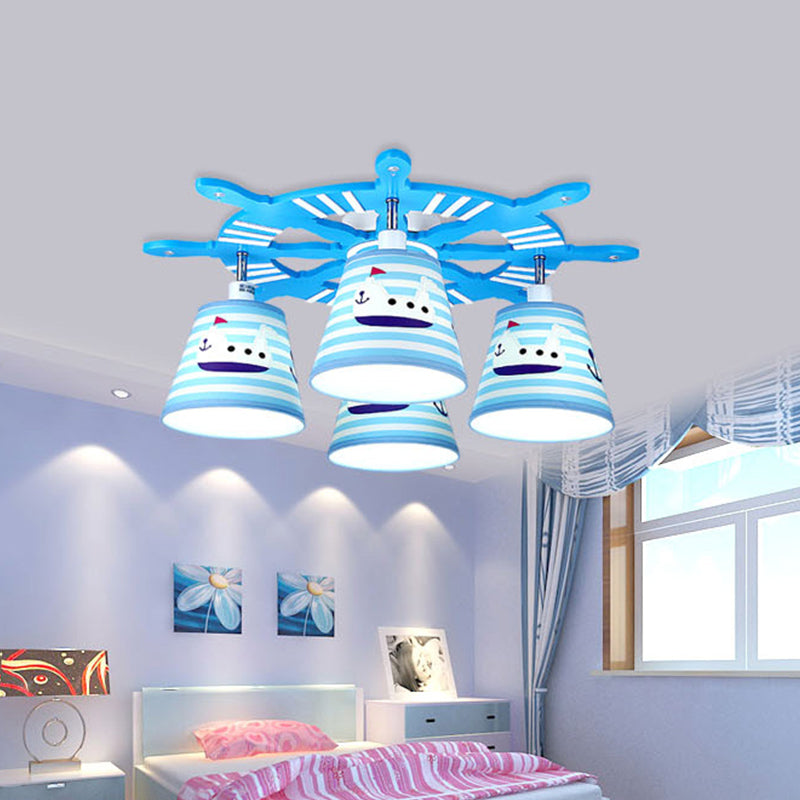 Nautical Semi-Flush Ceiling Light with 4 Wood Lights in Blue for Foyer