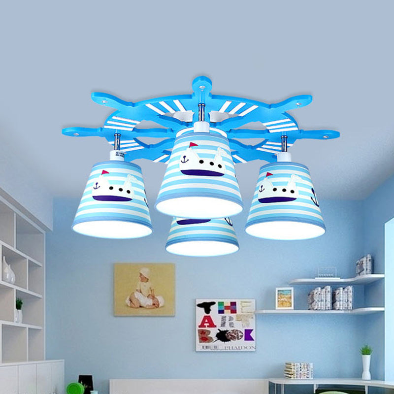 Nautical Semi-Flush Ceiling Light with 4 Wood Lights in Blue for Foyer