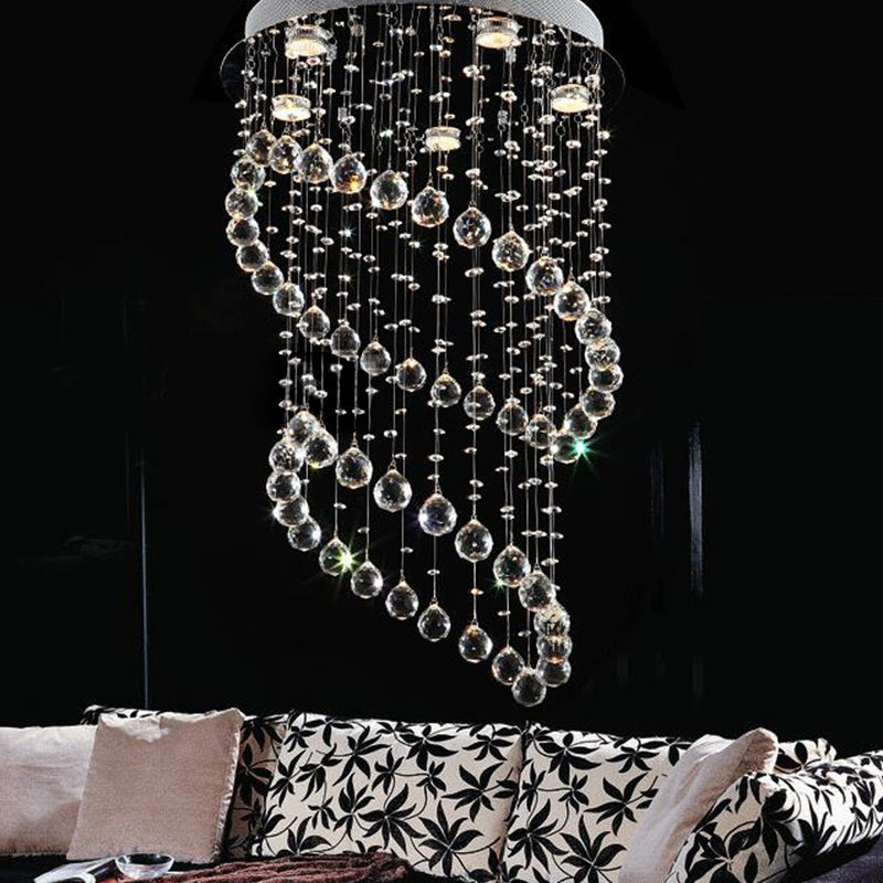 Modern Nickel Circle Flush Mount Lighting with 5 Crystal Sphere Heads - Ideal for Living Room