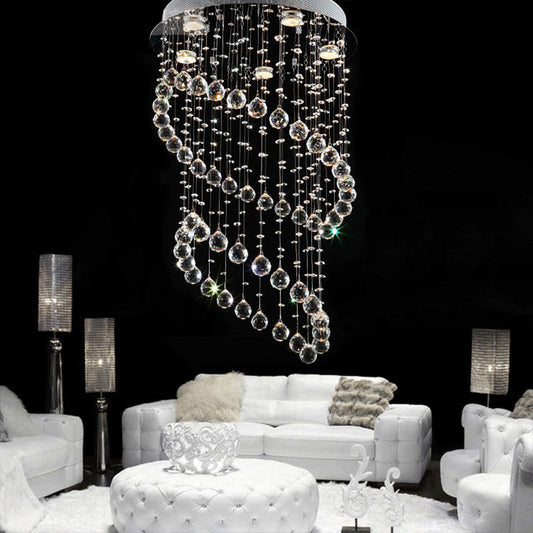 Modern Nickel Circle Flush Mount Lighting with 5 Crystal Sphere Heads - Ideal for Living Room