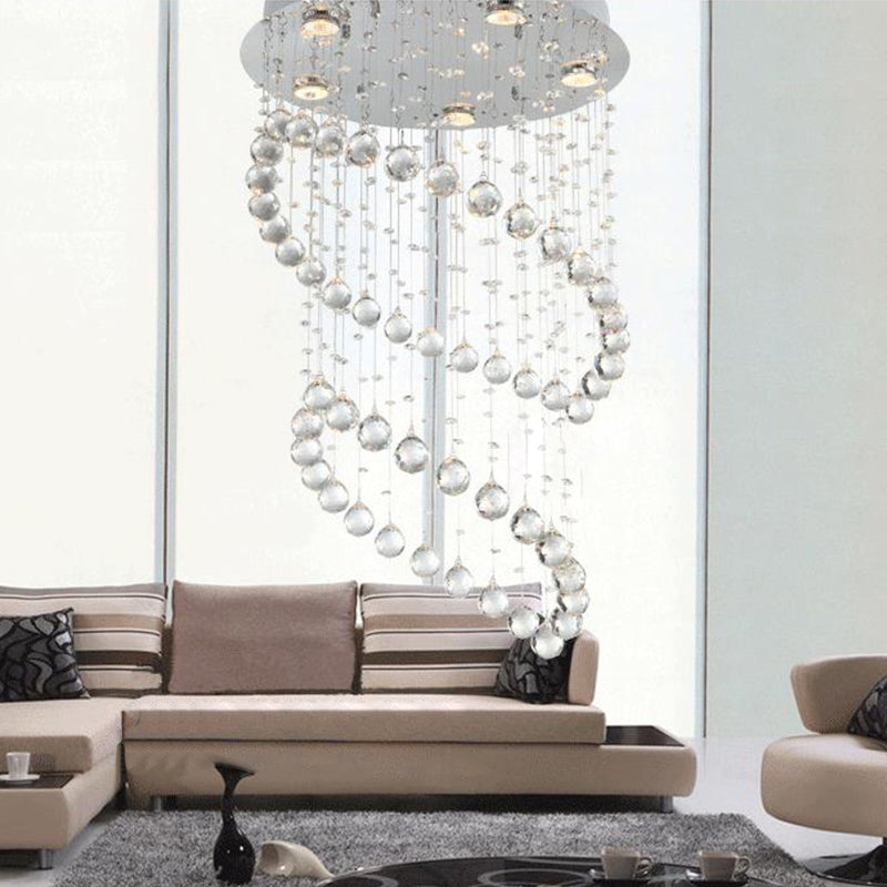 Modern Nickel Circle Flush Mount Lighting With 5 Crystal Sphere Heads - Ideal For Living Room