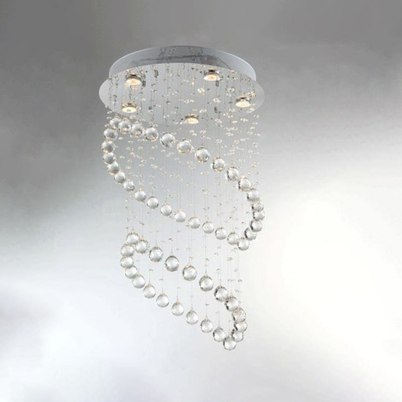 Modern Nickel Circle Flush Mount Lighting With 5 Crystal Sphere Heads - Ideal For Living Room