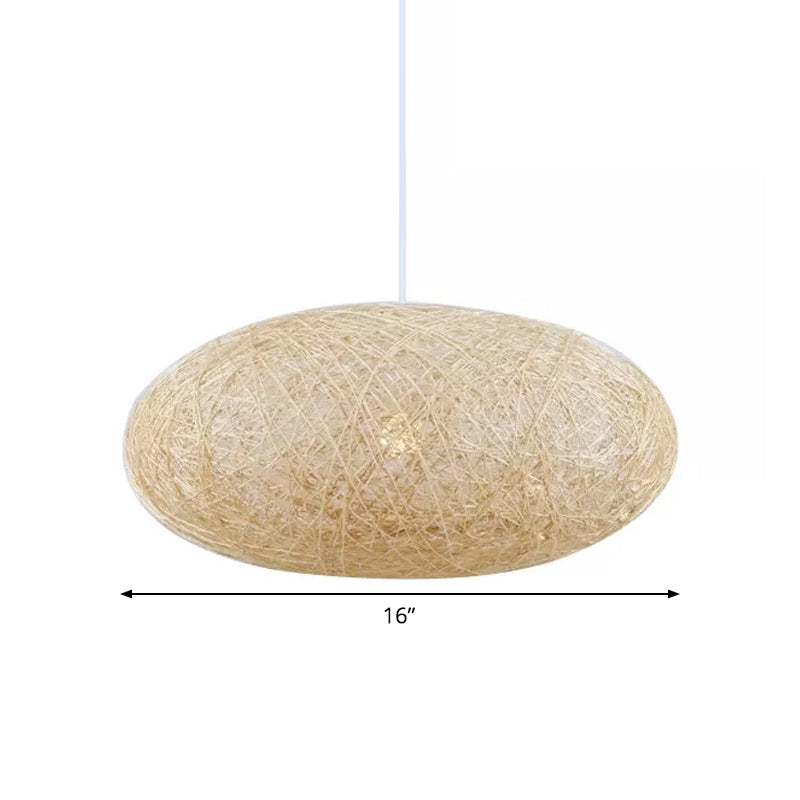 Beige Rattan Hanging Pendant Light - Ellipse Pendulum Design Asia Style 16/19.5 Wide
