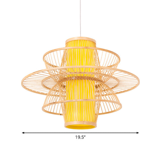 Bamboo Barrel Pendant Asian Down Lighting - 16/23.5/39 Wide 1 Bulb Beige Hanging Lamp With 3-Layer
