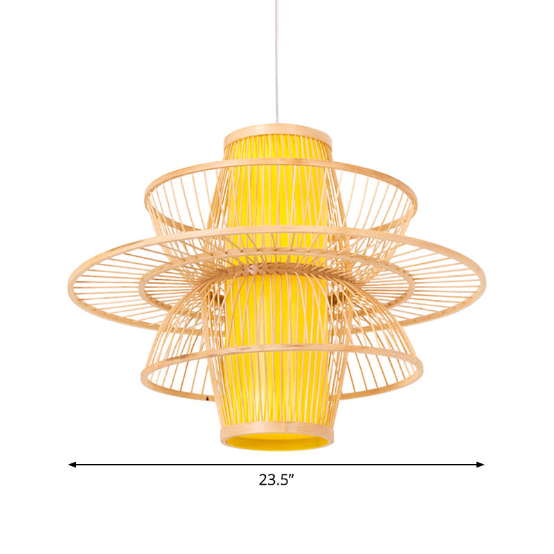 Bamboo Barrel Pendant Asian 16"/23.5"/39" Wide Hanging Lamp - 1 Bulb Beige - Down Lighting with 3 Layer Shade