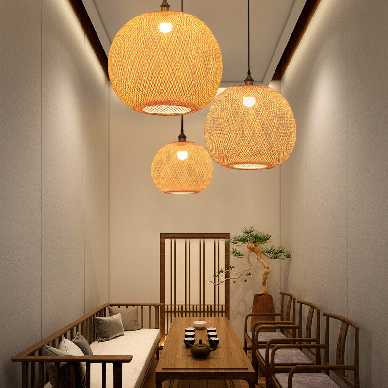 Lampe suspendue beige asiatique 12"/14"/21,5" avec abat-jour en bambou - Lampe suspendue pour salle à manger