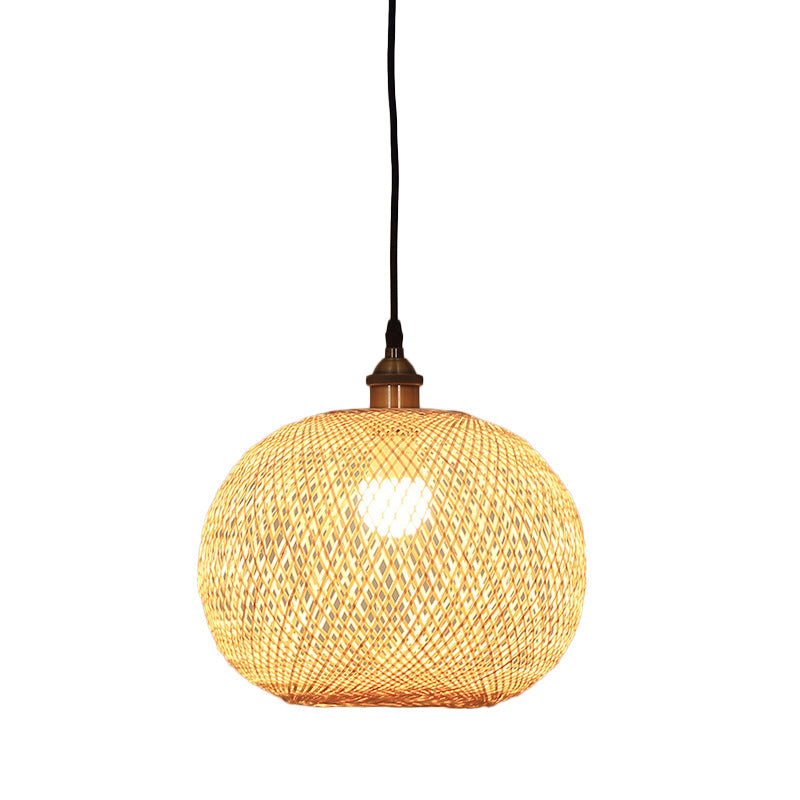 Lampe suspendue beige asiatique 12"/14"/21,5" avec abat-jour en bambou - Lampe suspendue pour salle à manger