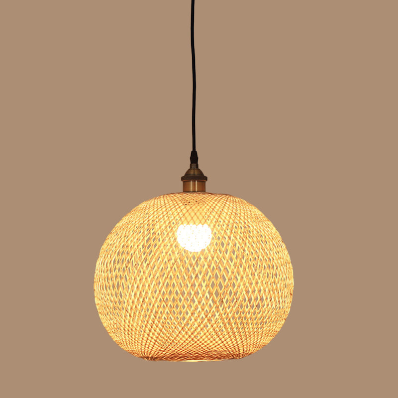 Lampe suspendue beige asiatique 12"/14"/21,5" avec abat-jour en bambou - Lampe suspendue pour salle à manger