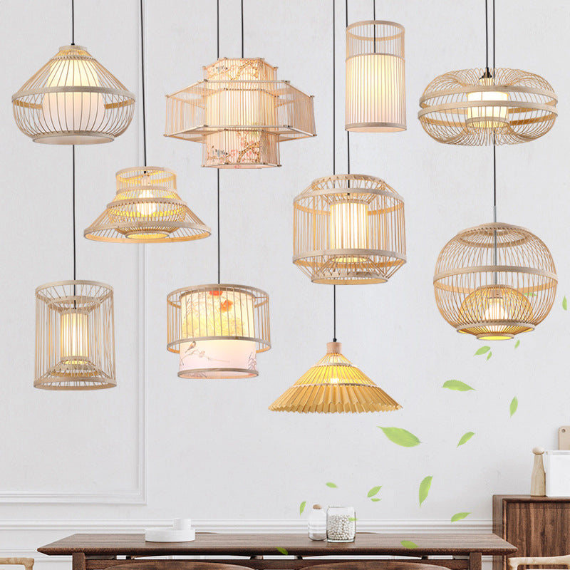 Suspension cylindrique en bambou - Plafonnier de style japonais pour restaurants - Beige