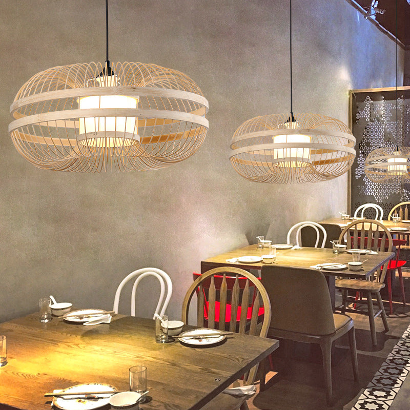Suspension cylindrique en bambou - Plafonnier de style japonais pour restaurants - Beige