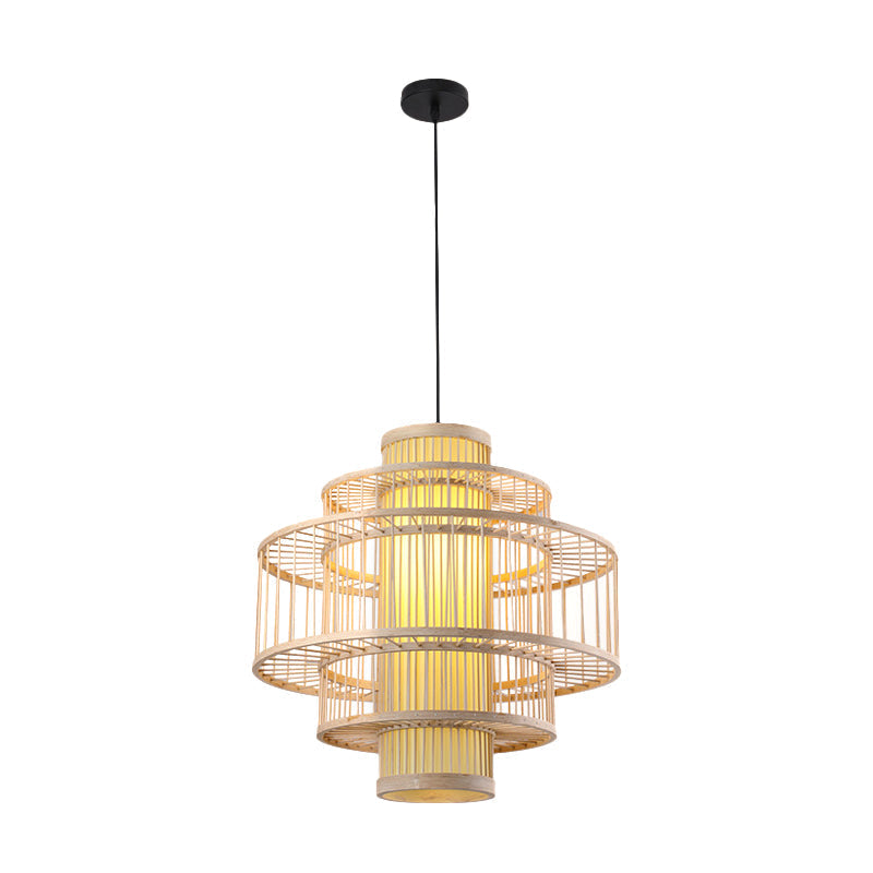 Suspension cylindrique en bambou - Plafonnier de style japonais pour restaurants - Beige