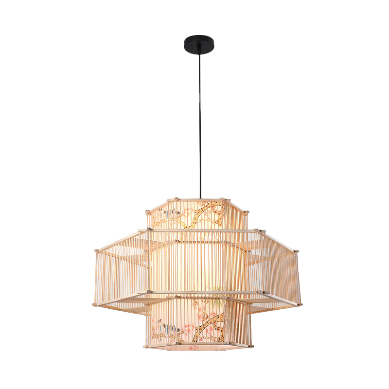 Suspension cylindrique en bambou - Plafonnier de style japonais pour restaurants - Beige