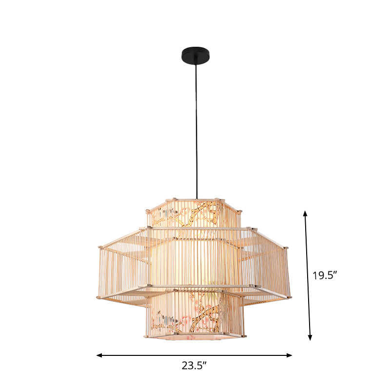Suspension cylindrique en bambou - Plafonnier de style japonais pour restaurants - Beige