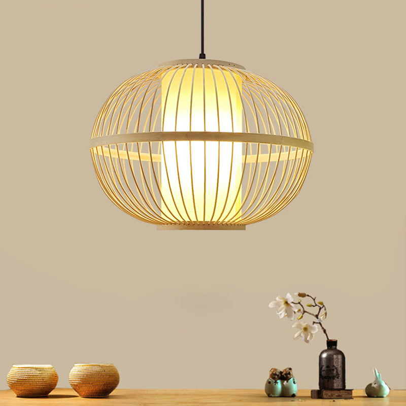 Suspension ovale en bambou asiatique avec abat-jour intérieur - 1 ampoule beige - 3 options de taille