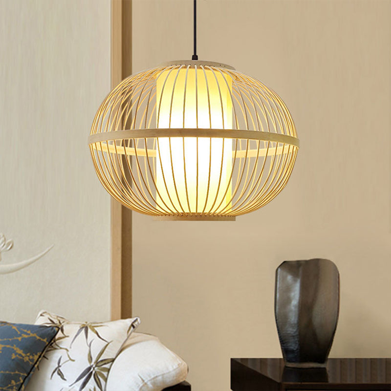 Suspension ovale en bambou asiatique avec abat-jour intérieur - 1 ampoule beige - 3 options de taille