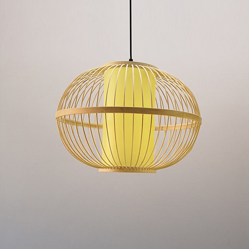 Suspension ovale en bambou asiatique avec abat-jour intérieur - 1 ampoule beige - 3 options de taille