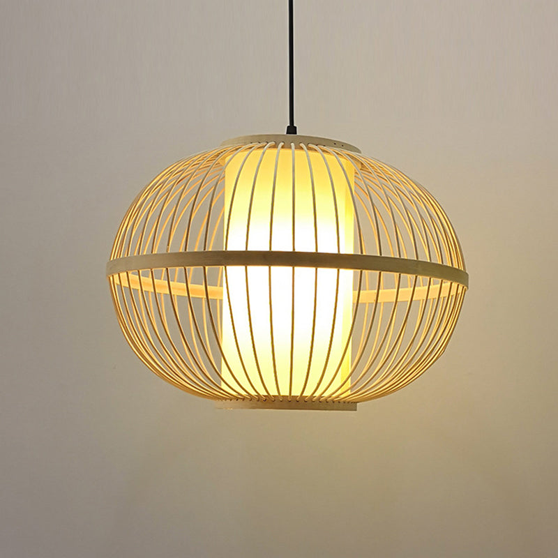 Suspension ovale en bambou asiatique avec abat-jour intérieur - 1 ampoule beige - 3 options de taille