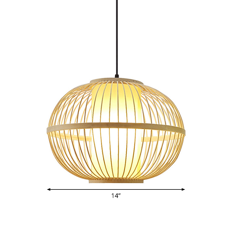 Suspension ovale en bambou asiatique avec abat-jour intérieur - 1 ampoule beige - 3 options de taille