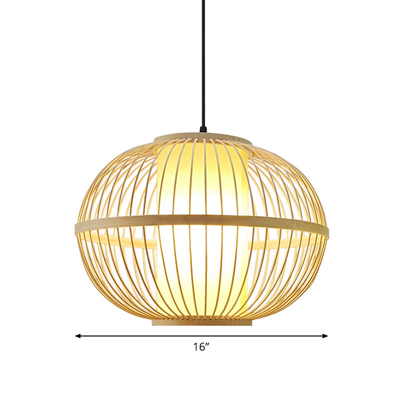 Suspension ovale en bambou asiatique avec abat-jour intérieur - 1 ampoule beige - 3 options de taille