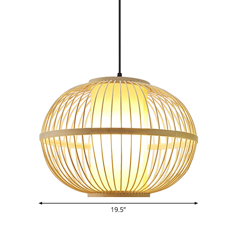 Suspension ovale en bambou asiatique avec abat-jour intérieur - 1 ampoule beige - 3 options de taille