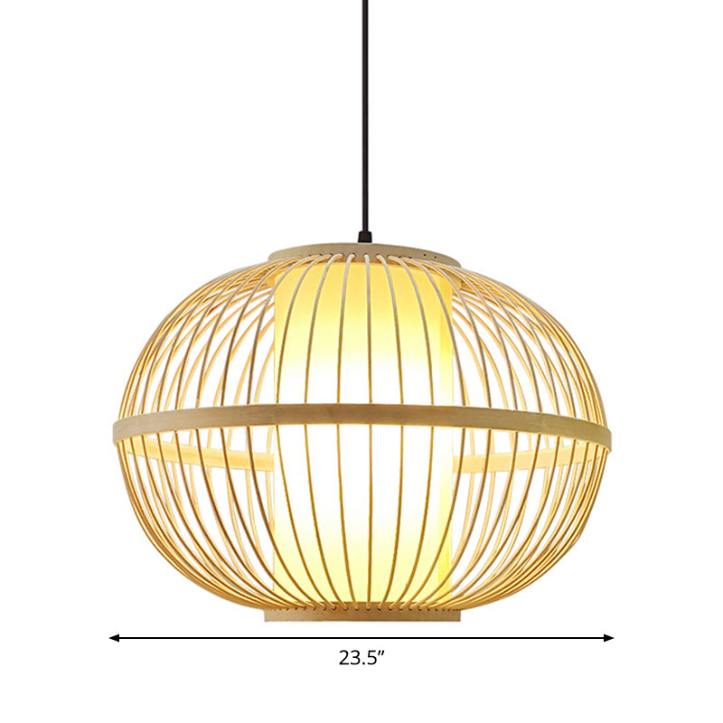 Suspension ovale en bambou asiatique avec abat-jour intérieur - 1 ampoule beige - 3 options de taille