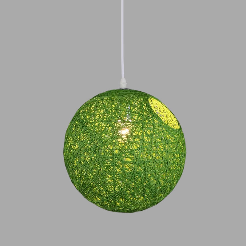 Modern Rattan Globe Pendant Light with Cut-out Hole - Single-Bulb Ceiling Lamp in Blue/Pink/Red
