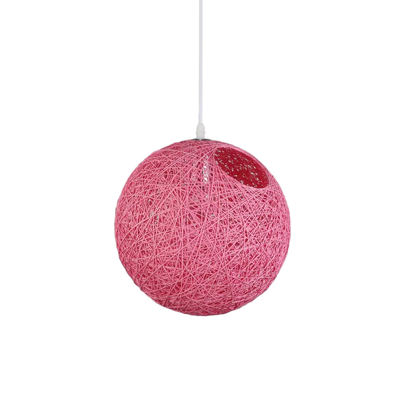Contemporary Rattan Globe Suspension Light - Single-Bulb Blue/Pink/Red Pendant Lamp With Cut-Out
