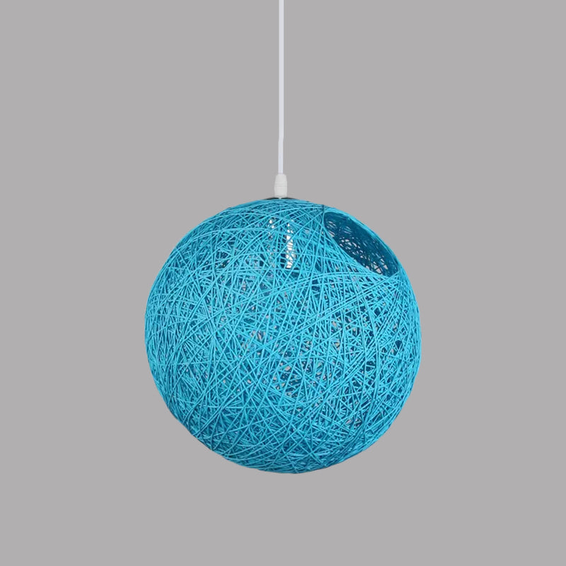 Contemporary Rattan Globe Suspension Light - Single-Bulb Blue/Pink/Red Pendant Lamp With Cut-Out