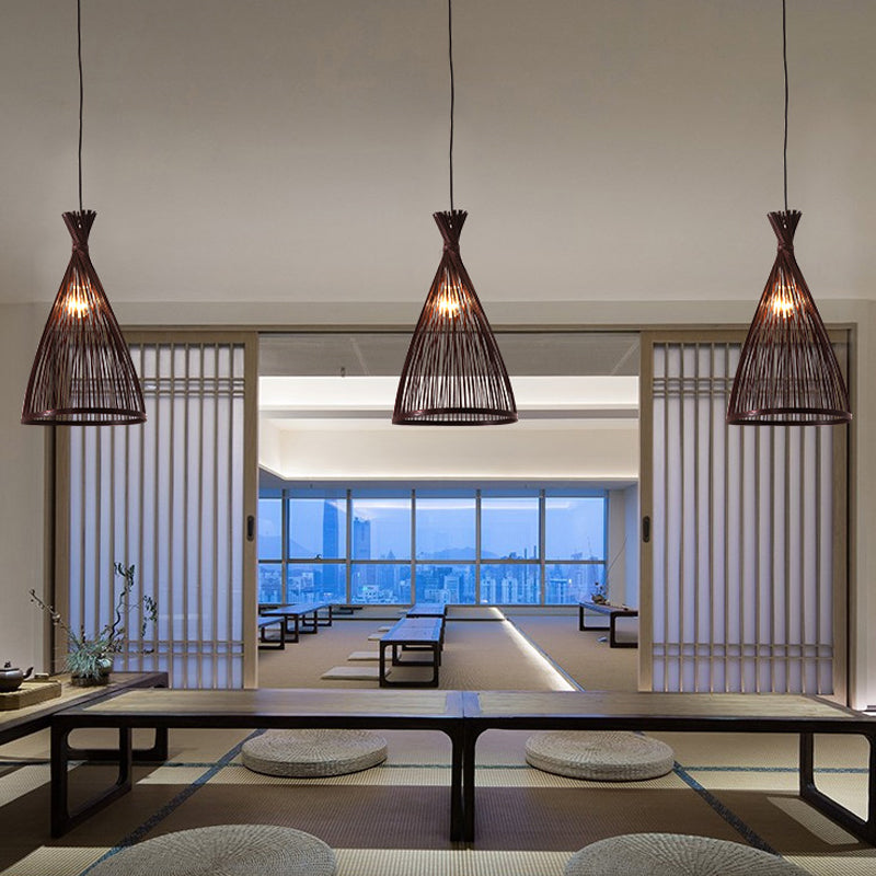 Japanese Style Wood Funnel Pendant Light - 1 Head - 8"/10"/12" Wide - Ceiling Hang Lamp in Beige/Coffee