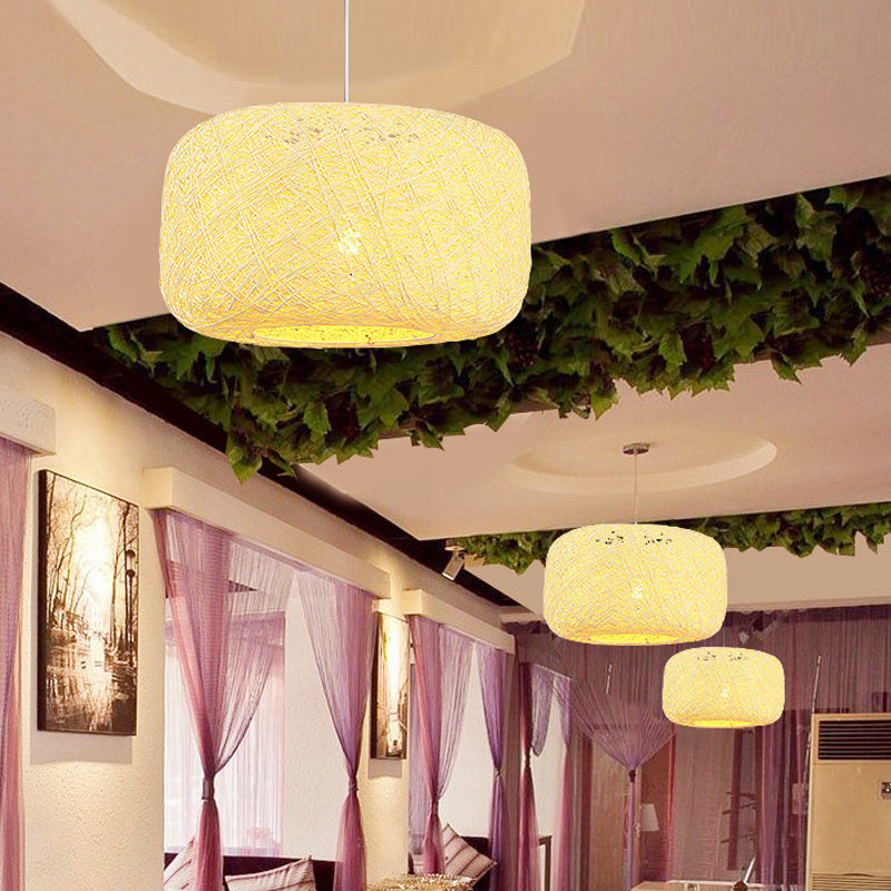 Rattan Weave Macaron Pendant Light: Red/Pink/Orange Drum Drop, 1-Light Suspension for Bistro